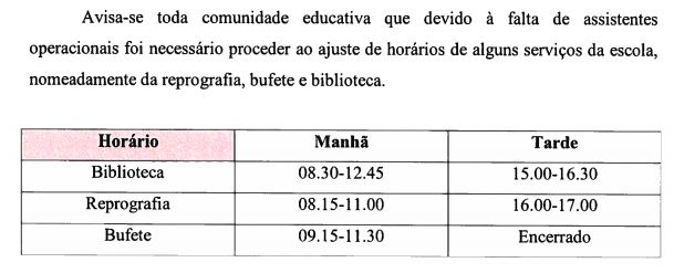 Alteração de horários de serviços da escola